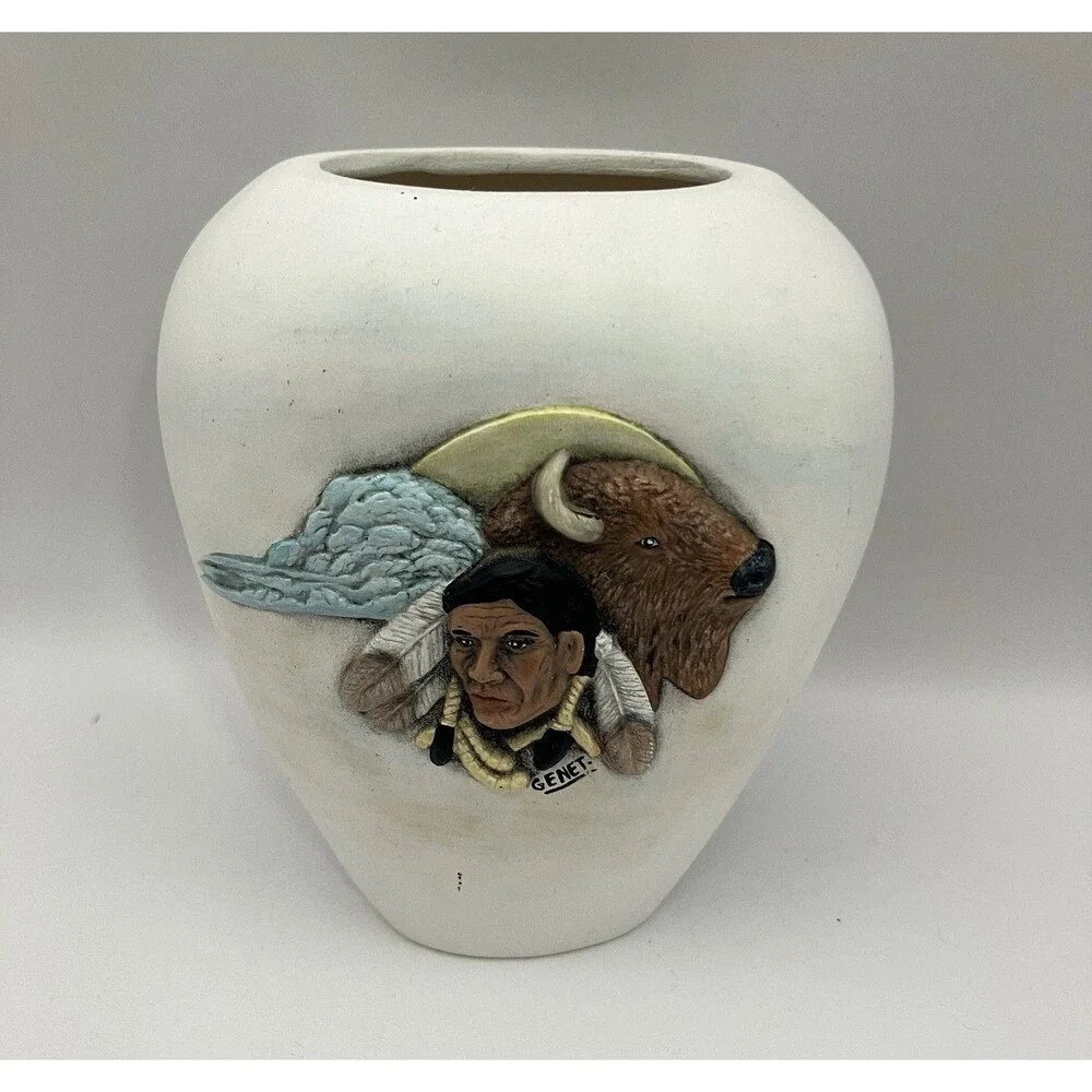 Native American Indigenous Themed Pottery Small Vase Signed Neutral Tone